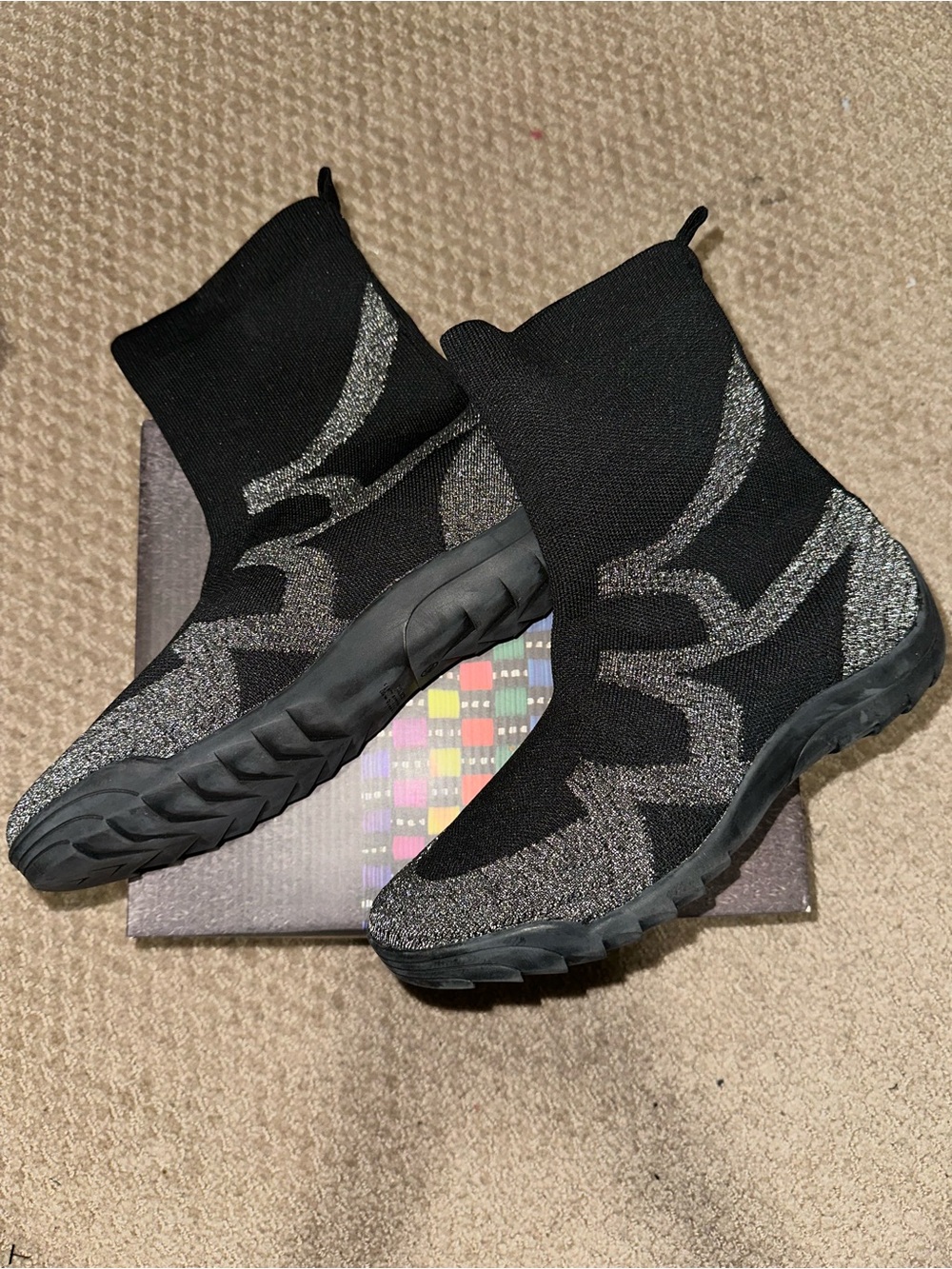 bernie mev. Black Knit Sock Sneakers with Silver Sparkle